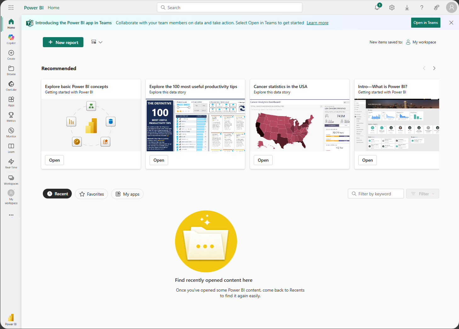 Skærmbillede af din Power BI Start skærm.