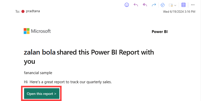 Skærmbillede af en mail, der indeholder et Power BI-link.