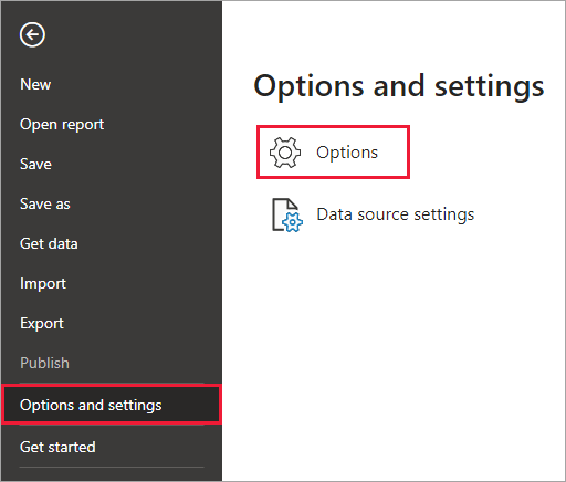 Skærmbillede af Power BI Desktop, der viser knappen Indstillinger.