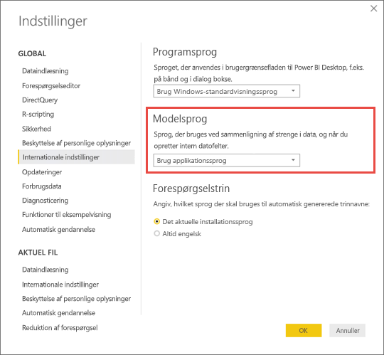 Skærmbillede af Power BI Desktop, der viser, hvordan du angiver modelsproget.