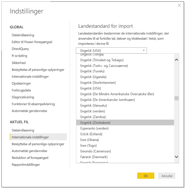 Skærmbillede af Power BI Desktop, der viser dialogboksen Indstillinger.