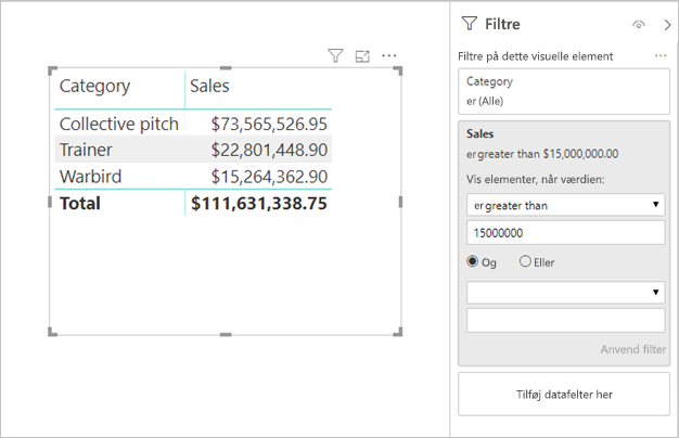 Skærmbillede, der viser Power BI Desktop og tabeldata med anvendte filtre.