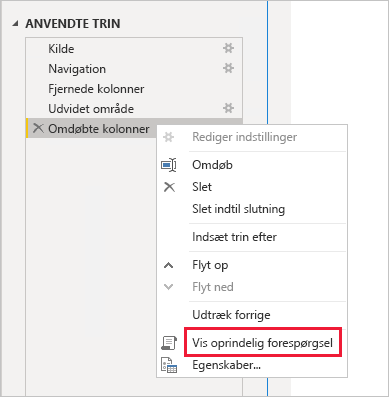 Skærmbillede, der viser Power BI Desktop og indstillingen Vis oprindelig forespørgsel under Anvendte trin.