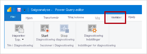 Skærmbillede, der viser båndfanen Funktioner i Power-forespørgselseditor, der viser kommandoen Diagnosticeringstrin, kommandoen Start diagnosticering og kommandoen Stop diagnosticering.