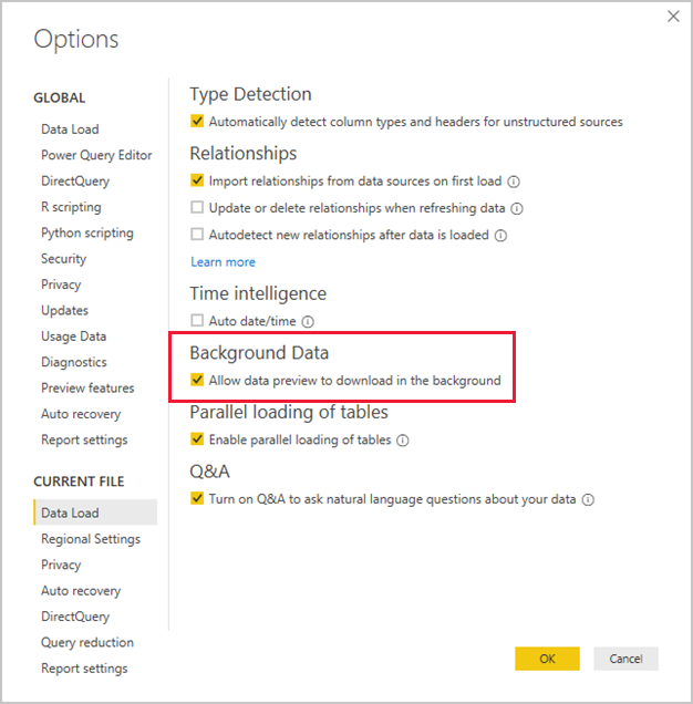 Skærmbillede af Power BI Desktop, der viser indstillinger for baggrundsdata.