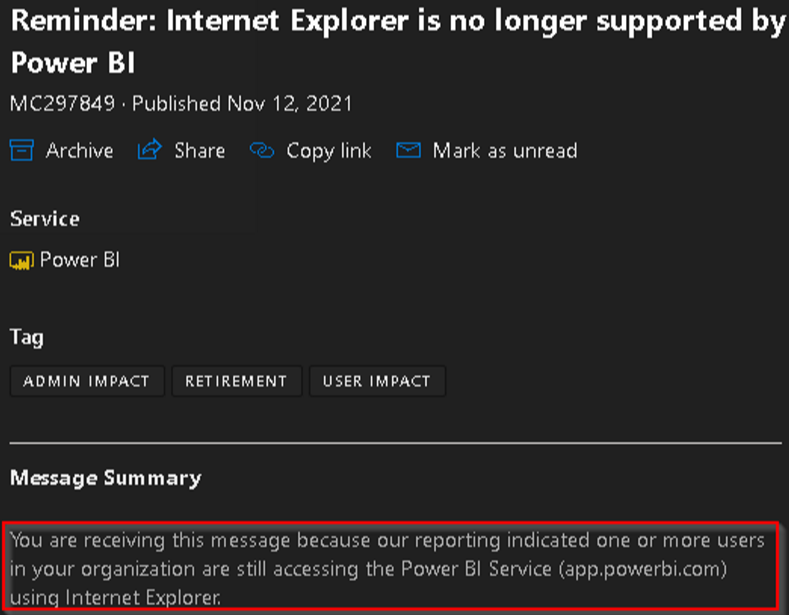 Skærmbillede af en meddelelse fra Microsoft 365 Meddelelsescenter, der forklarer, at Internet Explorer ikke længere understøttes af Power BI.