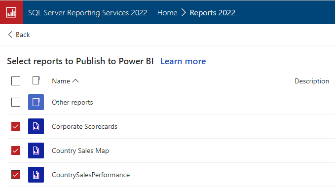 Skærmbillede, der viser Vælg rapporter, der skal publiceres i Power BI.