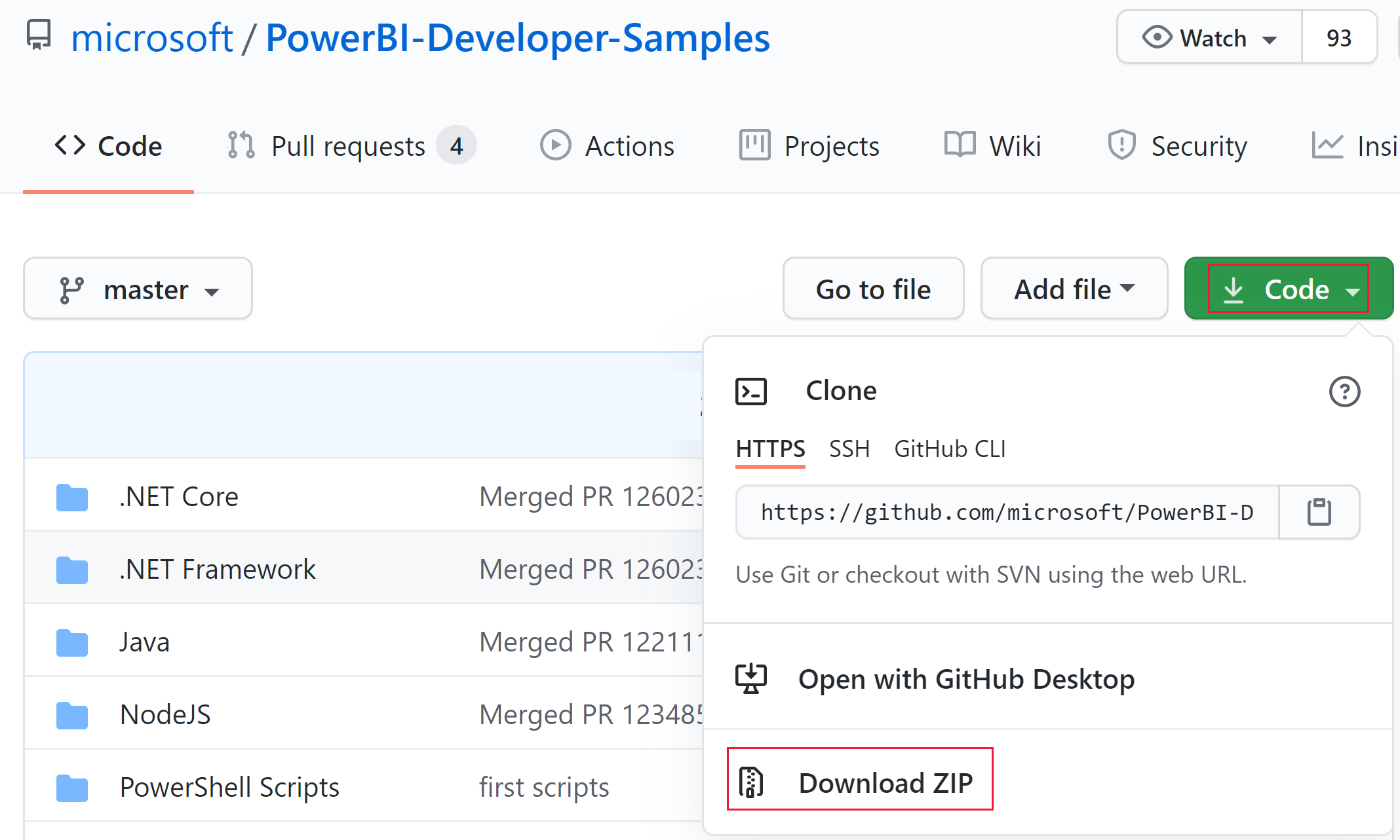 Et skærmbillede, der viser zip-downloadindstillingen i GitHub med Power BI-udviklereksempler