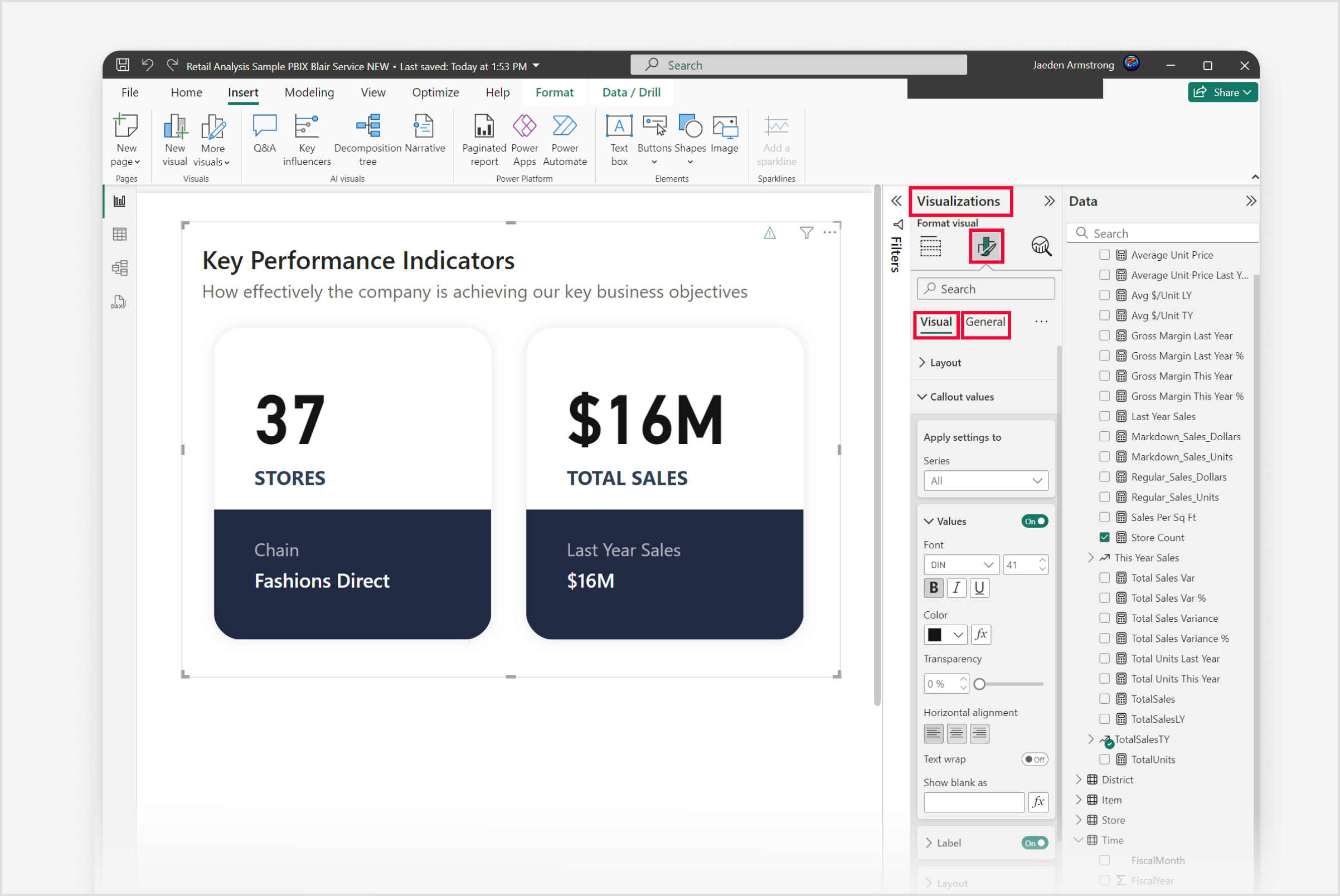 Skærmbillede af Power BI Desktop, der viser ruden Visualiseringer, ikonet Formatér visualisering og både fanerne Visualisering og Generelt fremhævet.