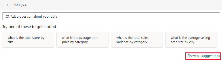 Skærmbillede, der viser Q&A med Vis alle forslag valgt.