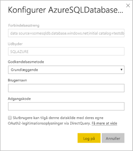 Skærmbillede af dialogboksen til konfiguration af Azure SQL Database.