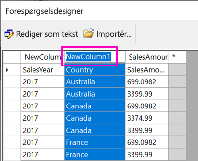 Skærmbillede af valg af kolonnenavn.