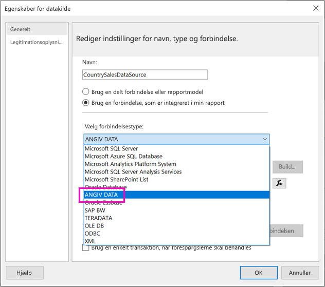 Skærmbillede af indstillingen Angiv data.