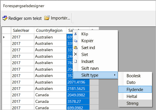 Skærmbillede af indstillingerne for Skift datatype.