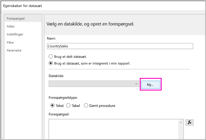 Skærmbillede af knappen Ny integreret datakilde.