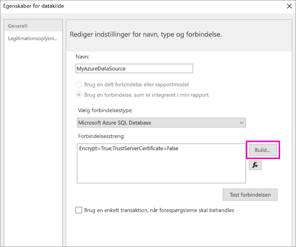 Skærmbillede, der viser, hvor du kan vælge indstillingen Opret under Egenskaber for datakilde.