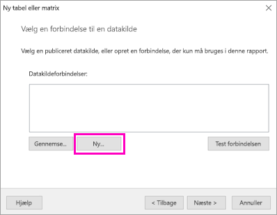 Skærmbillede, der viser, hvor du kan vælge Ny for en datakildeforbindelse.