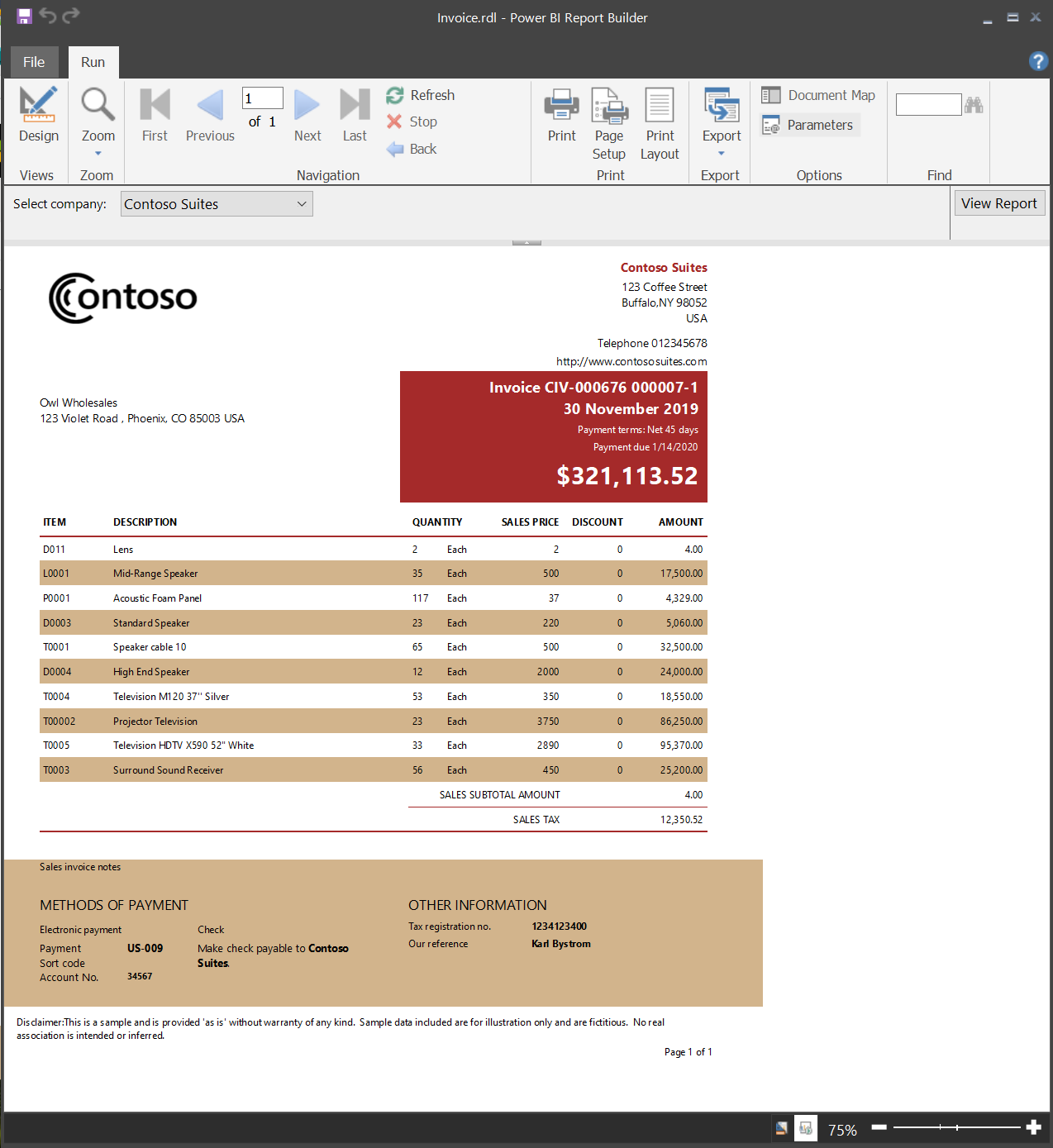 Skærmbillede af et eksempel på en sideinddelt rapport i Power BI Report Builder.