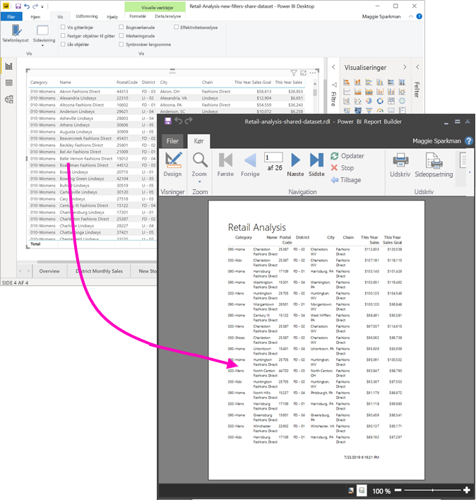 Skærmbillede af sideinddelt rapport i Report Builder, der er udskrevet fra Power BI Desktop.