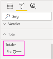 Skærmbillede af Totaler slået til fra position i ruden Format.