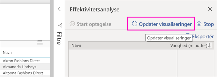 Skærmbillede af knappen Opdater visualiseringer i Effektivitetsanalyse.