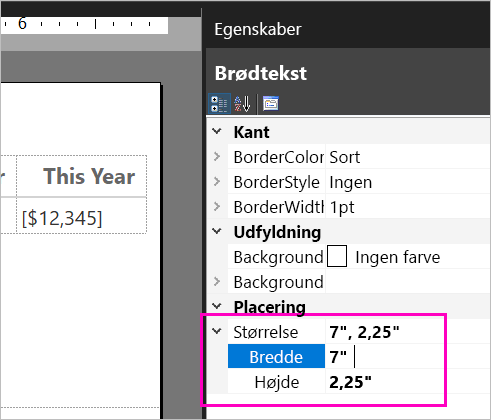 Skærmbillede af egenskaber for brødtekststørrelse.