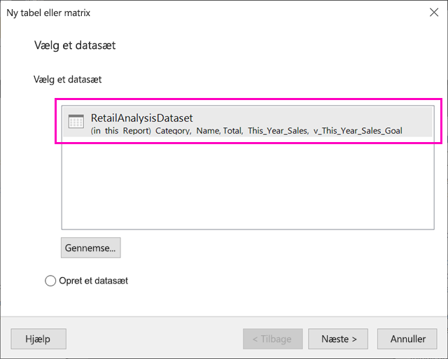 Skærmbillede af valg af datasæt i guiden Tabel.