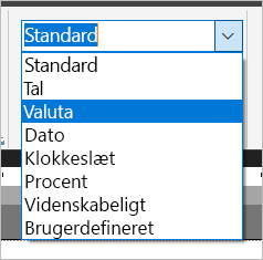 Skærmbillede af indstillinger for talformat.