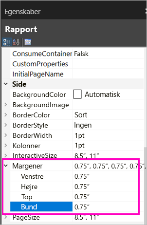 Skærmbillede af egenskaber for sidemargen.
