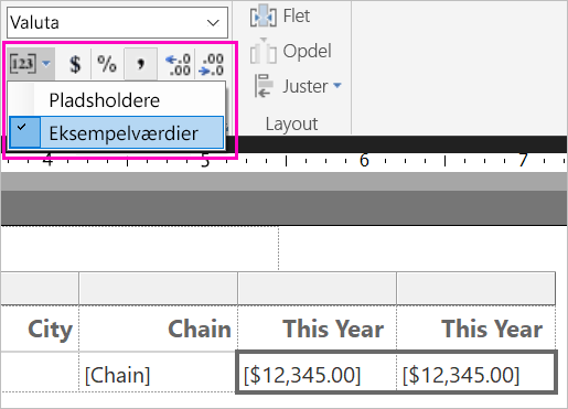 Skærmbillede af eksempelværdier til formatering.