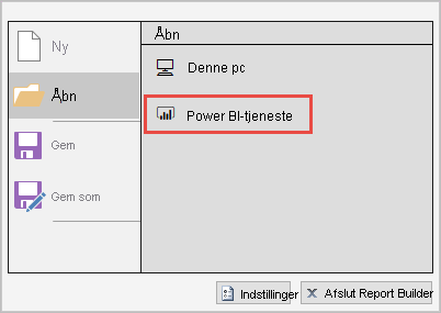 Skærmbillede, der viser Åbn fra Power BI-tjeneste.