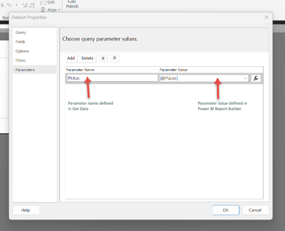 Skærmbillede, der viser parametre i egenskaber for datasæt i Power BI Report Builder.