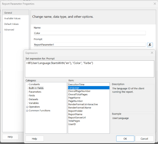 Skærmbillede af landestandard for parameterprompt.