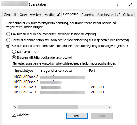 Skærmbillede af Power BI-rapporter, der viser fanen Delegering i vinduet Egenskaber.