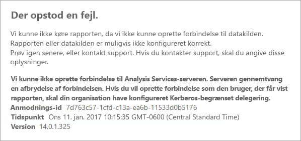 Skærmbillede af Power BI-rapporter, der viser fejlmeddelelser, der er relateret til problemer med at oprette forbindelse til Analysis Services-serveren.