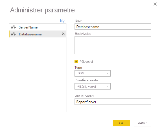 Manage Parameters, set servername and databasename.