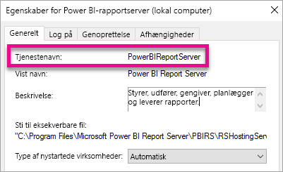 Egenskaber for Windows-tjenesten Report Server