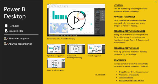 Power BI Desktop start screen