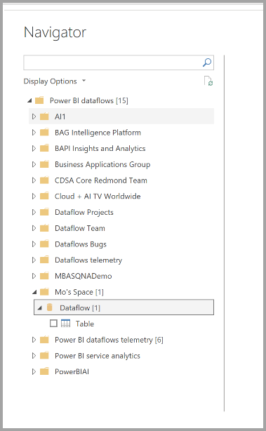 Skærmbillede af Navigator i Power BI Desktop, hvor du vælger dataflow, der skal oprettes forbindelse til.