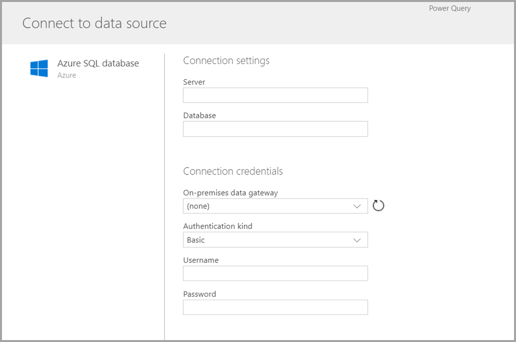 Skærmbillede af formularen, der vises, når du har valgt Azure SQL som en connector.