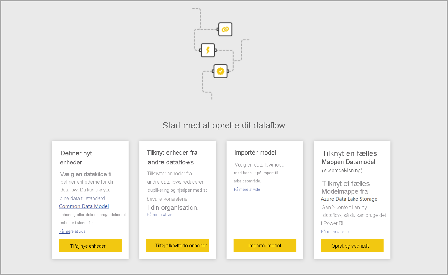 Skærmbillede af indstillinger for oprettelse af et dataflow.