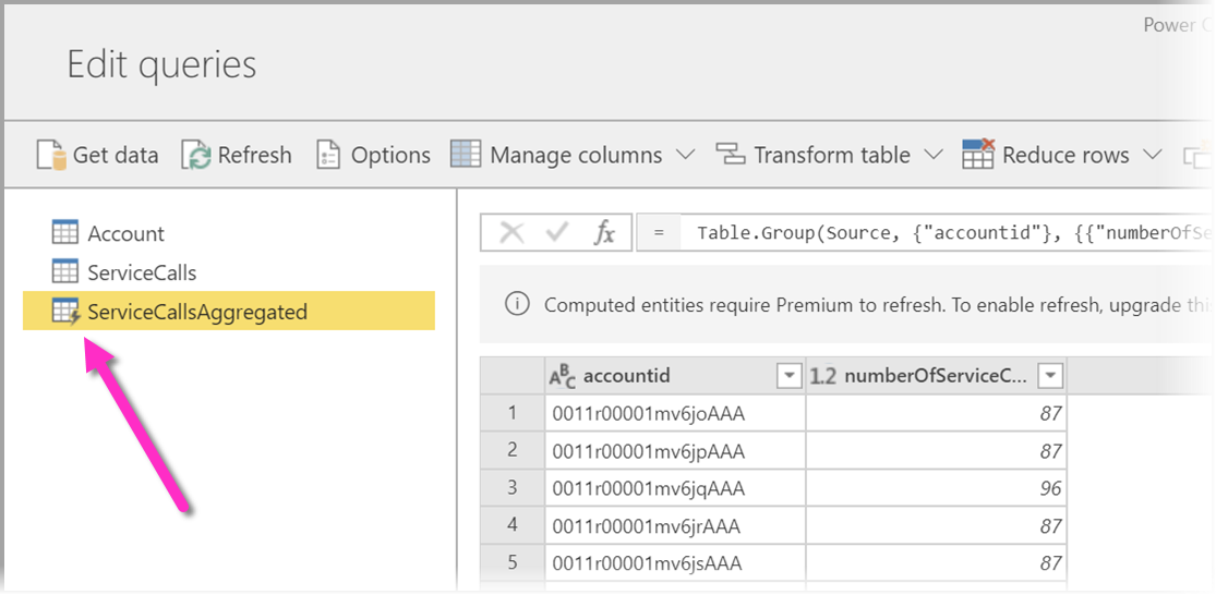 Skærmbillede af en Power Query-editor, der fremhæver en tabel, der redigeres.