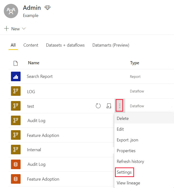 Skærmbillede af en menu med flere indstillinger i et dataflow, hvor indstillingsindstillingen er fremhævet.