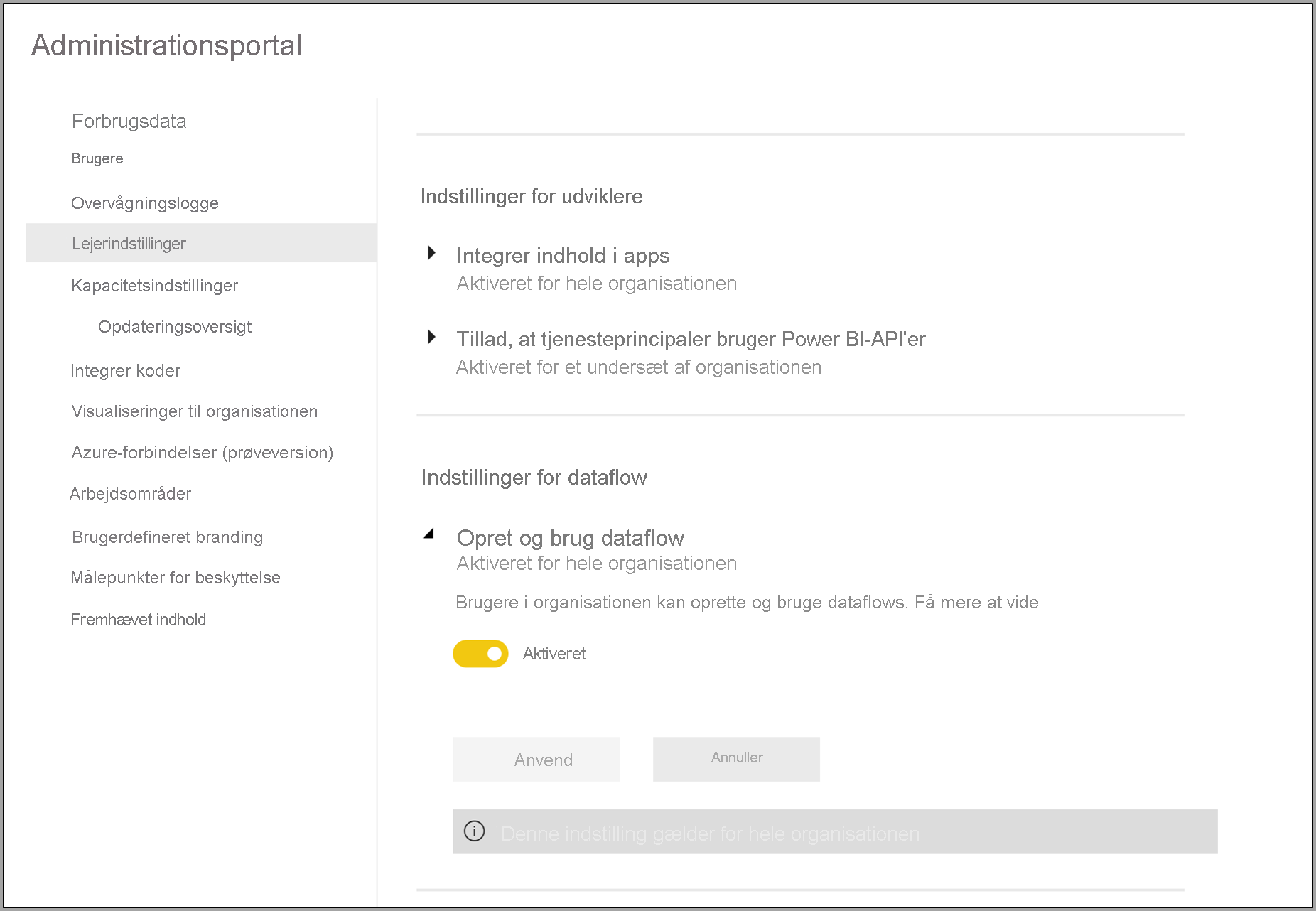 Administrationsportal til dataflow i Power BI Premium