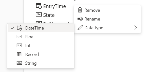 Skærmbillede, der viser indstillinger for fjernelse, omdøbning og datatype for inputdata.