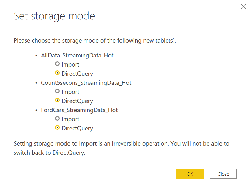 Skærmbillede, der viser den lagringstilstand, der er valgt til streaming af dataflow i Power BI Desktop.