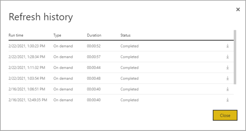 Skærmbillede af opdateringshistorik for dataflow.