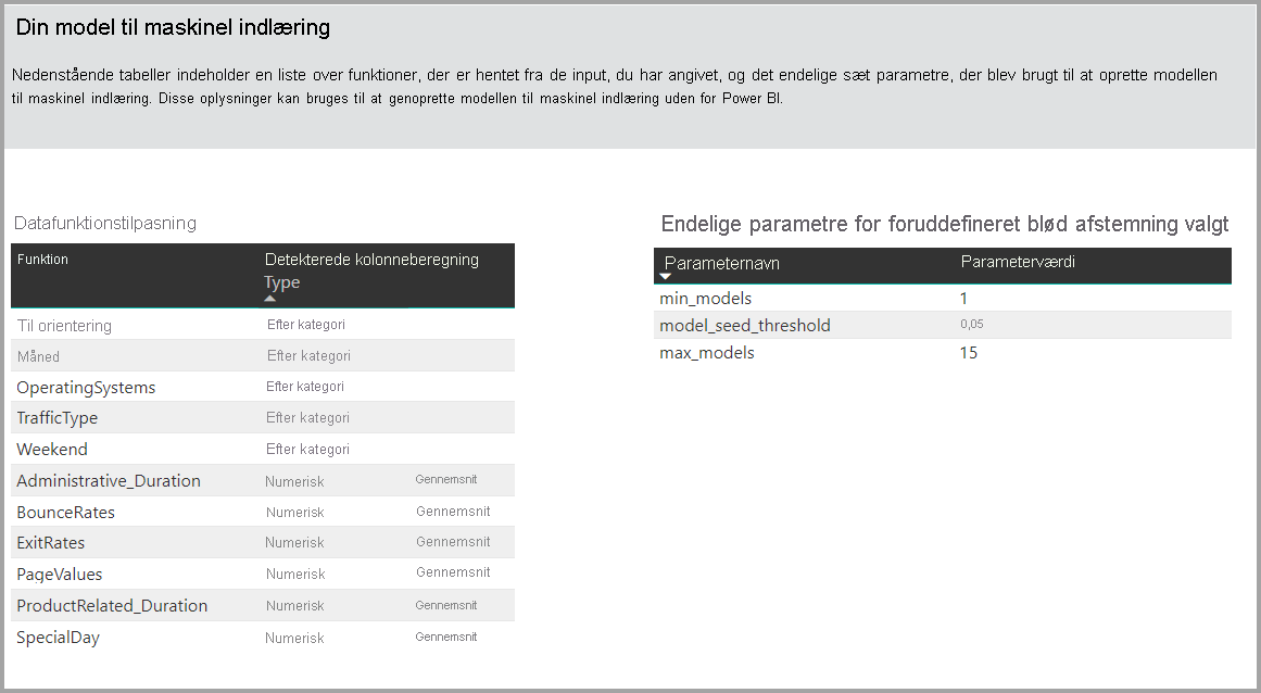 Skærmbillede af tabeller, der viser funktioner, der er udtrukket fra de angivne datainput.