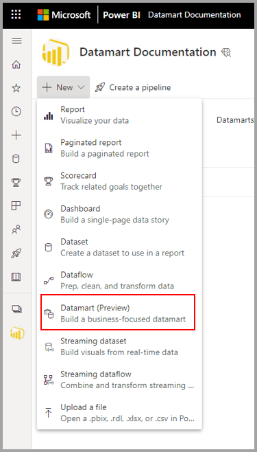 Skærmbillede af opret ny datamart.