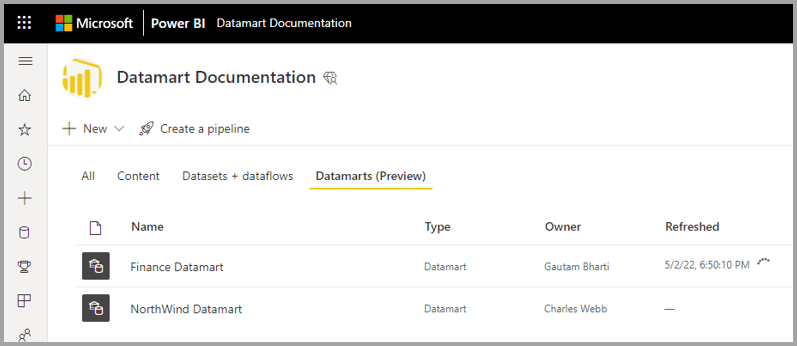 Skærmbillede af vælg datamart på listen over datamarts.